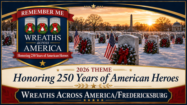 Patriotic event image showing a snowy cemetery with wreaths, American flags, and the words Join Us at Wreaths Across America/Fredericksburg December 19, 2026.