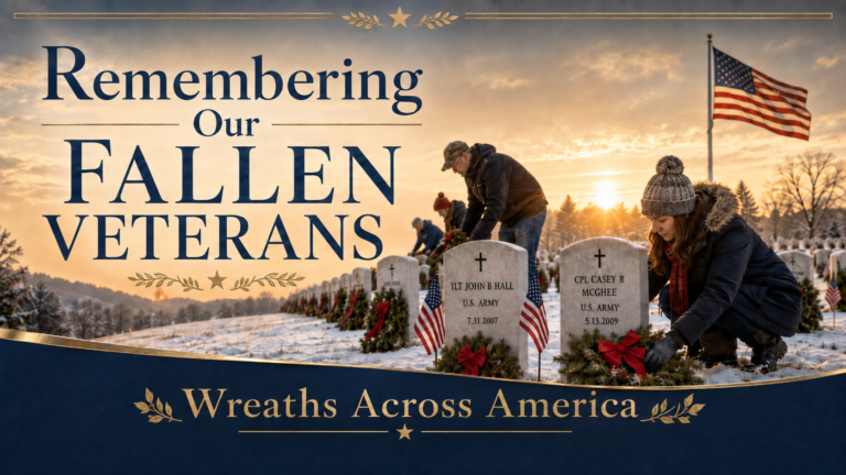 Patriotic winter cemetery image showing volunteers placing wreaths on veterans’ headstones with the words Remembering Our Fallen Veterans and Wreaths Across America.