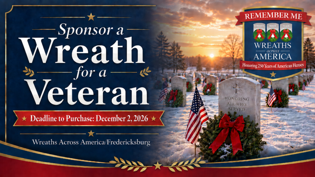 Sponsor a Wreath for a Veteran graphic featuring a snowy veterans cemetery, American flags, wreaths with red bows, and the December 2, 2026 purchase deadline