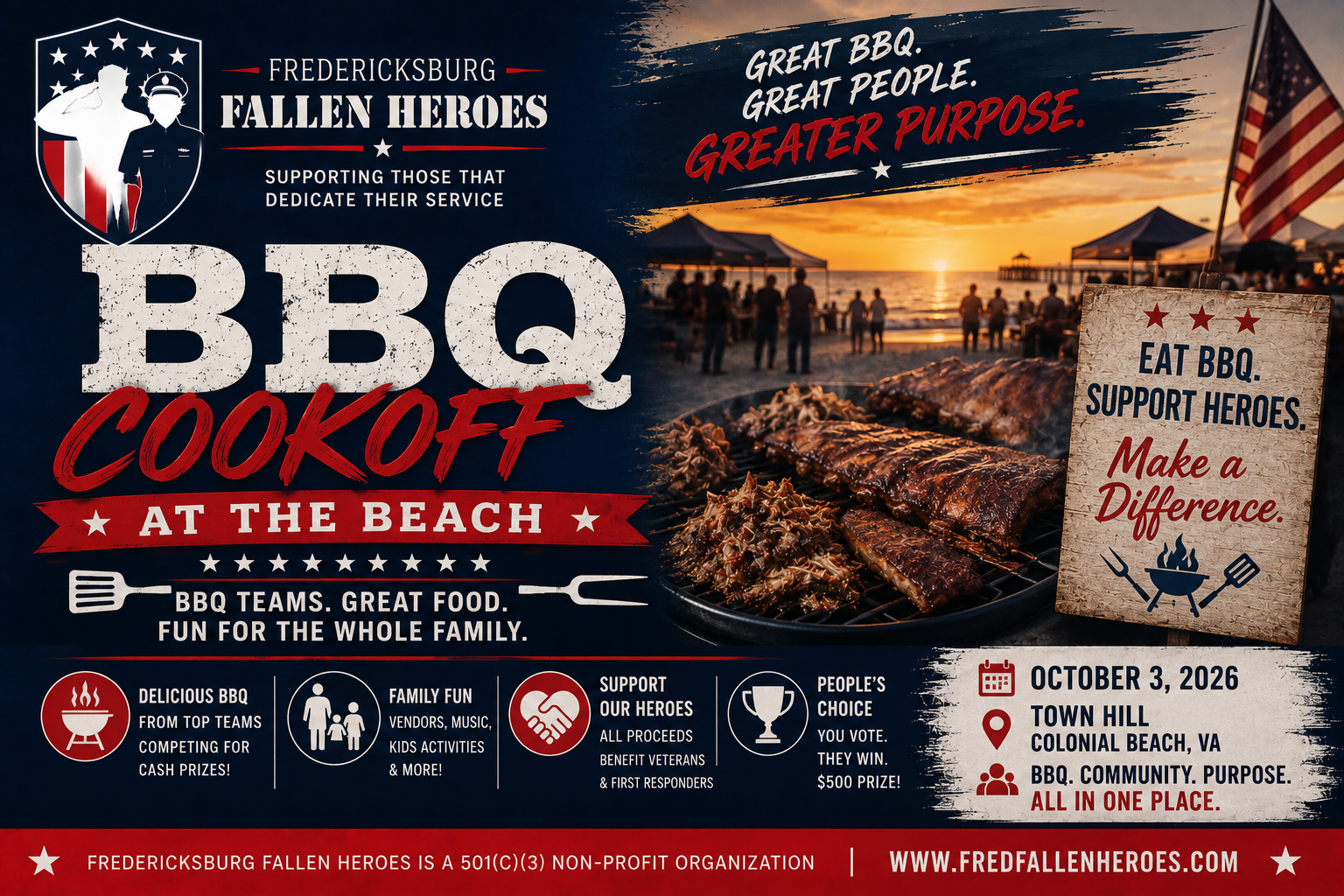 Promotional graphic for the Fredericksburg Fallen Heroes BBQ Cookoff at the Beach in Colonial Beach, Virginia, featuring championship BBQ, community activities, and a fundraiser supporting veterans and first responders.