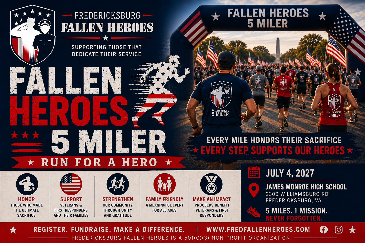 Patriotic promotional graphic for the Fallen Heroes 5 Miler hosted by Fredericksburg Fallen Heroes on July 4, 2027, featuring runners, American flags, and a charity race supporting veterans, first responders, and their families.