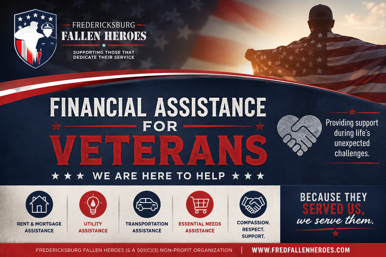 Patriotic graphic promoting Financial Assistance for Veterans through Fredericksburg Fallen Heroes, offering emergency support with rent, mortgage, utility, transportation, and essential needs assistance for Virginia veterans.