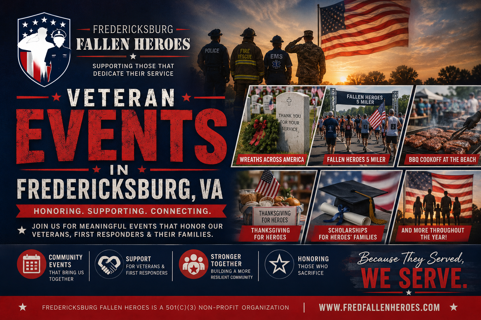 Promotional graphic showcasing veteran events in Fredericksburg, Virginia hosted by Fredericksburg Fallen Heroes, including Wreaths Across America, the Fallen Heroes 5 Miler, BBQ Cookoff at the Beach, Thanksgiving for Heroes, scholarships, and community support programs.