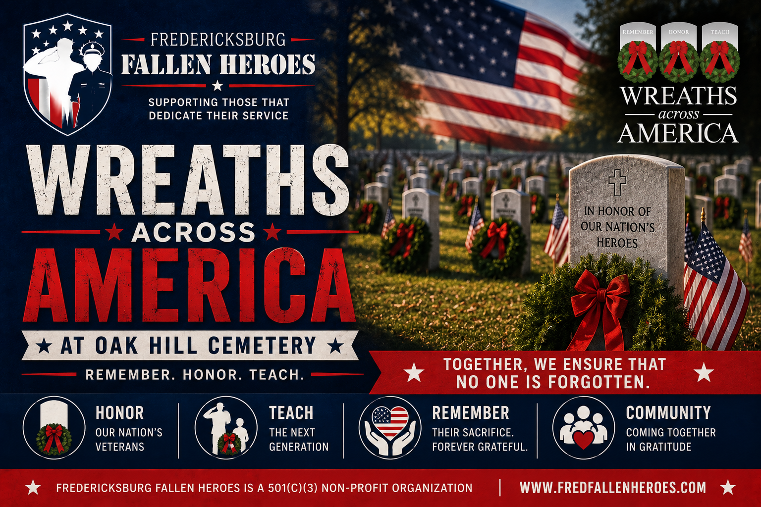 Patriotic graphic promoting Wreaths Across America at Oak Hill Cemetery in Fredericksburg, Virginia, honoring veterans by placing remembrance wreaths on their graves through Fredericksburg Fallen Heroes.