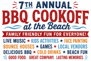 Colorful promotional graphic for the Ultimate 7th Annual BBQ Cookoff at the Beach featuring family-friendly activities including live music, kids' activities, face painting, bounce houses, games, local vendors, delicious BBQ, cold drinks, and beach fun.