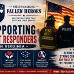 Patriotic "Click Here to Apply for Assistance" graphic for firefighters, law enforcement officers, EMS personnel, and first responders seeking assistance through Fredericksburg Fallen Heroes.
