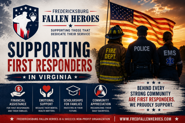 Patriotic "Click Here to Apply for Assistance" graphic for firefighters, law enforcement officers, EMS personnel, and first responders seeking assistance through Fredericksburg Fallen Heroes.