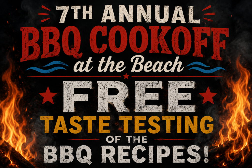 Promotional graphic for the Ultimate 7th Annual BBQ Cookoff at the Beach featuring realistic flames and bold lettering highlighting free taste testing of award-winning BBQ recipes in Colonial Beach, Virginia.