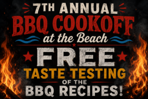 Promotional graphic for the Ultimate 7th Annual BBQ Cookoff at the Beach featuring realistic flames and bold lettering highlighting free taste testing of award-winning BBQ recipes in Colonial Beach, Virginia.