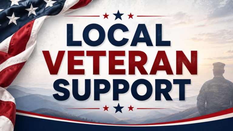 Patriotic graphic with the words “Local Veteran Support,” featuring an American flag, red and blue stars, a mountain landscape, and a veteran silhouette.