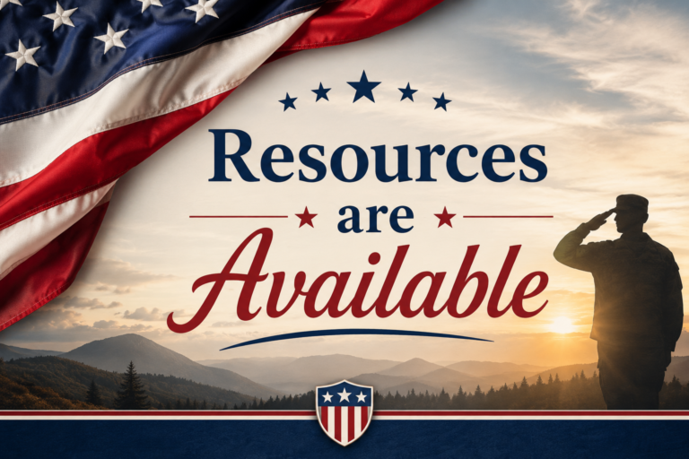 Patriotic image with the words “Resources are Available,” featuring a realistic American flag, sunrise mountain landscape, and a saluting soldier silhouette.