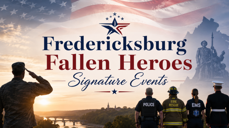 Patriotic featured image for Fredericksburg Fallen Heroes Signature Events showing military and first responders with an American flag background.