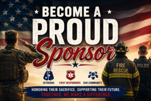 Become a Proud Sponsor for Veterans and First Responders in Virginia patriotic banner featuring a U.S. soldier, firefighter, and police officer supporting Fredericksburg Fallen Heroes.