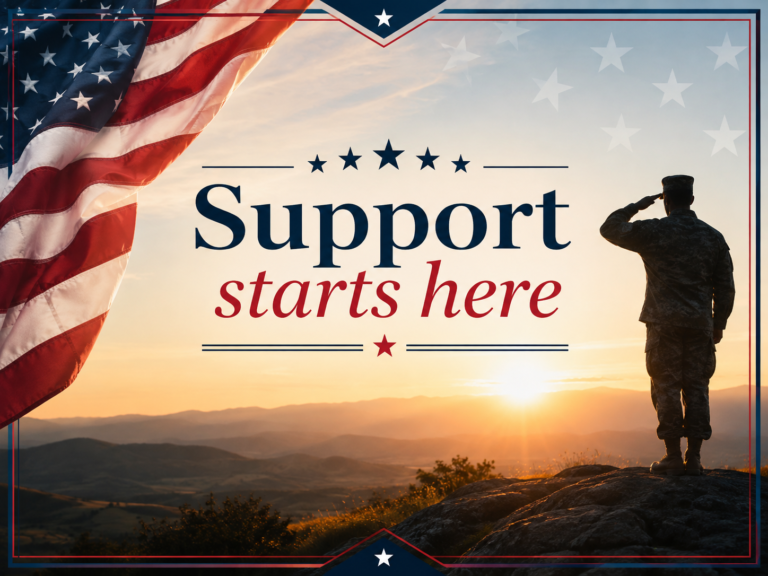 Patriotic image with the words “Support starts here,” featuring a realistic American flag, a saluting service member, and a sunrise landscape.