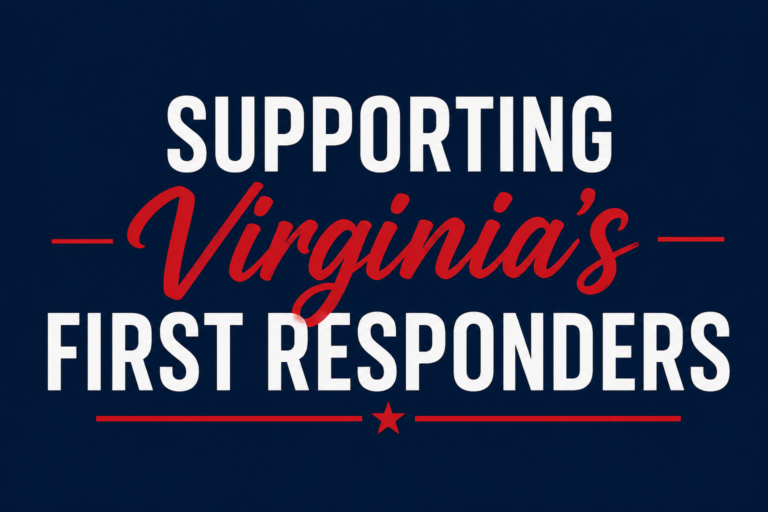 Patriotic graphic featuring the words "Supporting Virginia's First Responders" on a navy background, representing First Responder Assistance for firefighters, law enforcement officers, EMS personnel, dispatchers, and rescue personnel in Virginia.