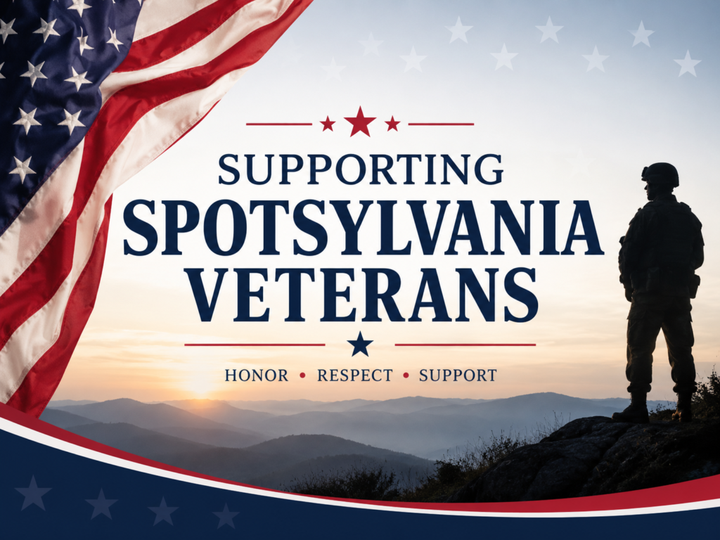 Patriotic image with the words “Supporting Spotsylvania Veterans,” featuring a large American flag, mountain sunrise background, and a standing soldier silhouette.