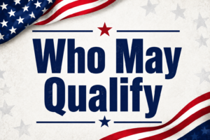 Patriotic graphic featuring the words "Who May Qualify" in bold navy lettering on a white textured background with American flag accents and red, white, and blue stars.