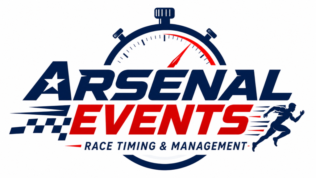 Arsenal Events race timing & management graphic with stopwatch, runner silhouette, and the words Timing Experts for race timing services.