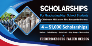 Fredericksburg Fallen Heroes scholarship banner offering four $1,000 scholarships to graduating students with military or first responder parents.