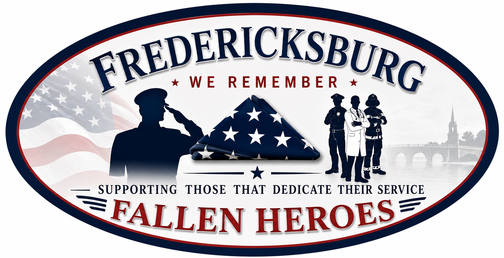 Professional Fredericksburg Fallen Heroes logo representing veteran assistance and first responder assistance in Virginia, honoring military members, veterans, law enforcement, firefighters, EMS, and fallen heroes.