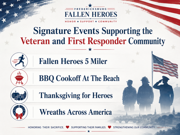 Patriotic graphic listing Fredericksburg Fallen Heroes signature events: Fallen Heroes 5 Miler, BBQ Cookoff At The Beach, Thanksgiving for Heroes, and Wreaths Across America.