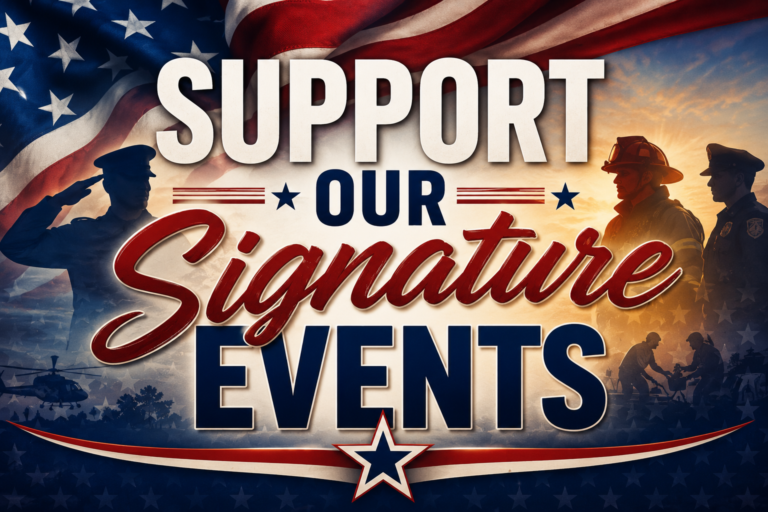Patriotic graphic featuring the words "Support Our Signature Events" over an American flag background with silhouettes of military personnel, firefighters, police officers, and community volunteers representing support for veterans and first responders.