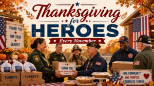 Thanksgiving for Heroes image showing turkeys and pies being provided to local sheriff offices, fire departments, and veterans during a patriotic community event held every November.